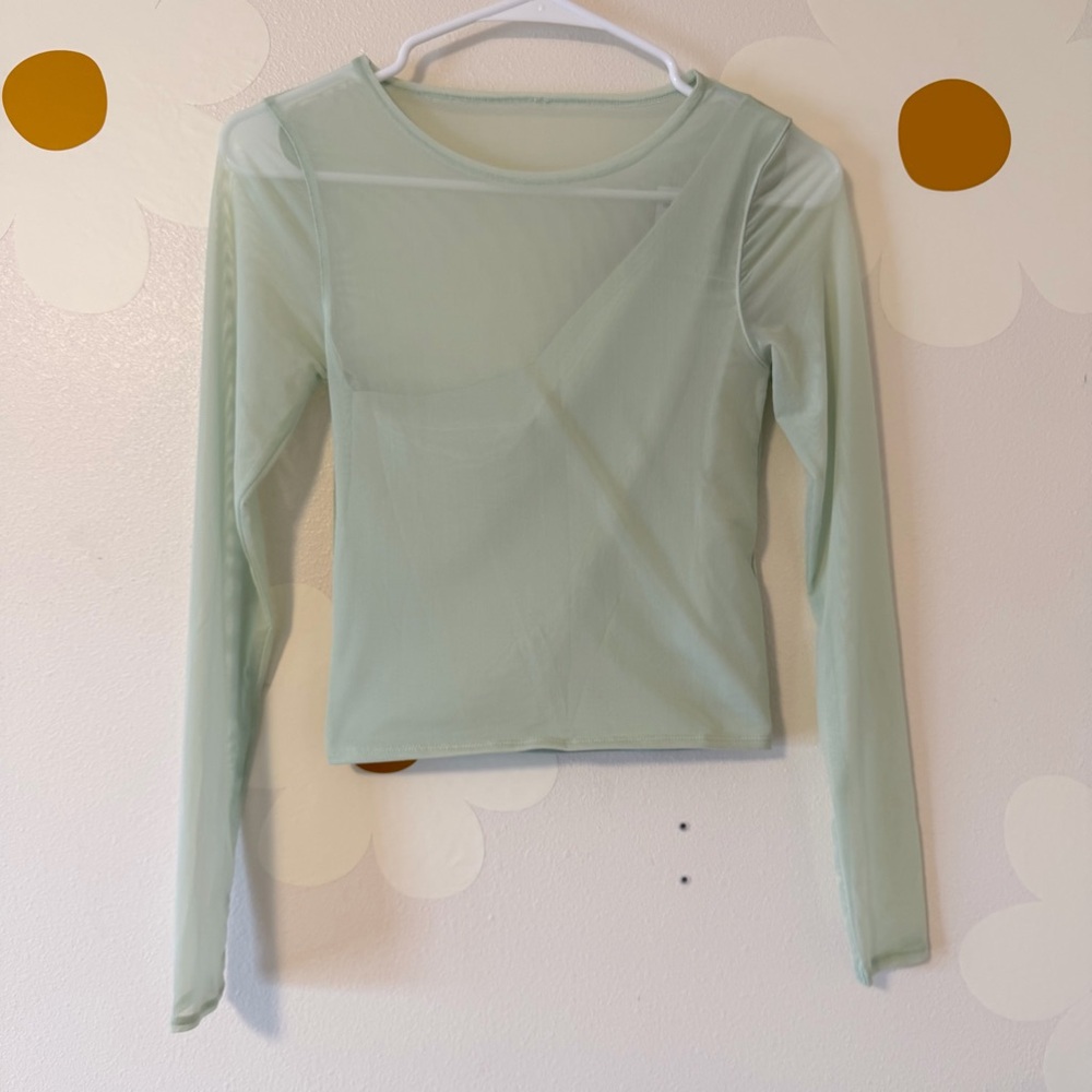 NWT Abercrombie & Fitch Mesh Long Sleeve One Shoulder Sage Green Top - Picture 2 of 9